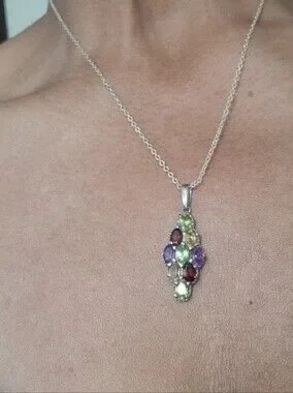 Stainless Steel Multi Gemstone Pendant Peridot Amethyst Citrine Garnet 3.5ctw